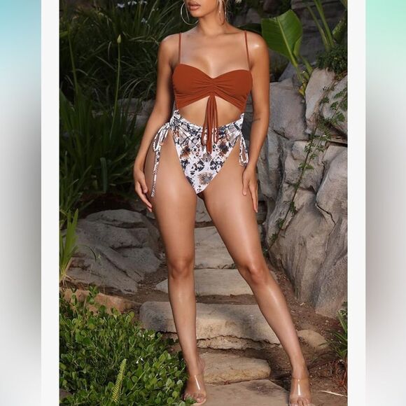 Women's Cut Out Drawstring One Piece Swimsuit Cheeky High Cut Bathing Suit - Picture 3 of 5